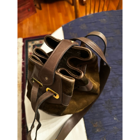Celine Green-Brown Suede & Brown Leather Triomphe Bucket Shoulder Bag - Picture 13 of 16